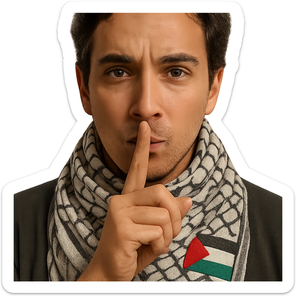 Enhance the Palestinian flag detail on the scarf to make it more visible, while keeping the person making the 'shh' gesture as the focus. Remove the background to isolate the subject. The style should maintain the original look and feel of the image. sticker