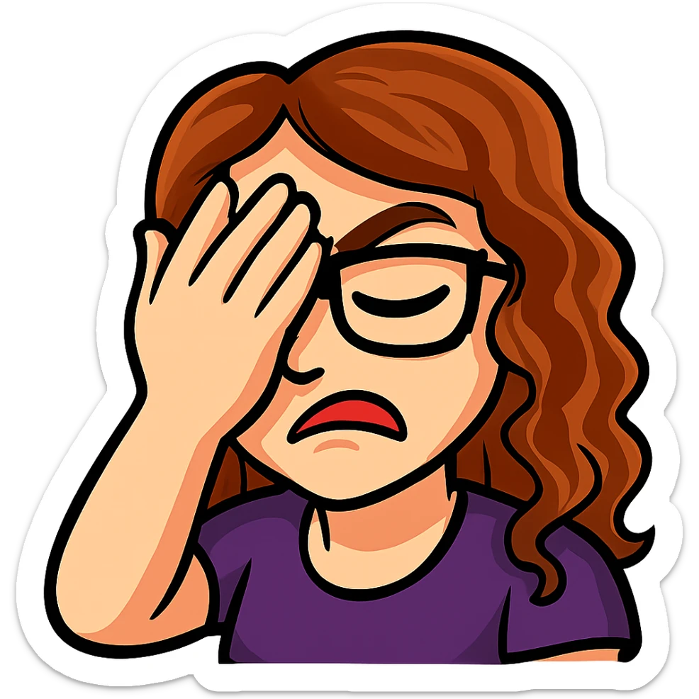 Create a Twitch emote of the person in the reference photo with glasses and curly hair in a bold and expressive style. The emote should show the person facepalming. Use a transparent background. sticker