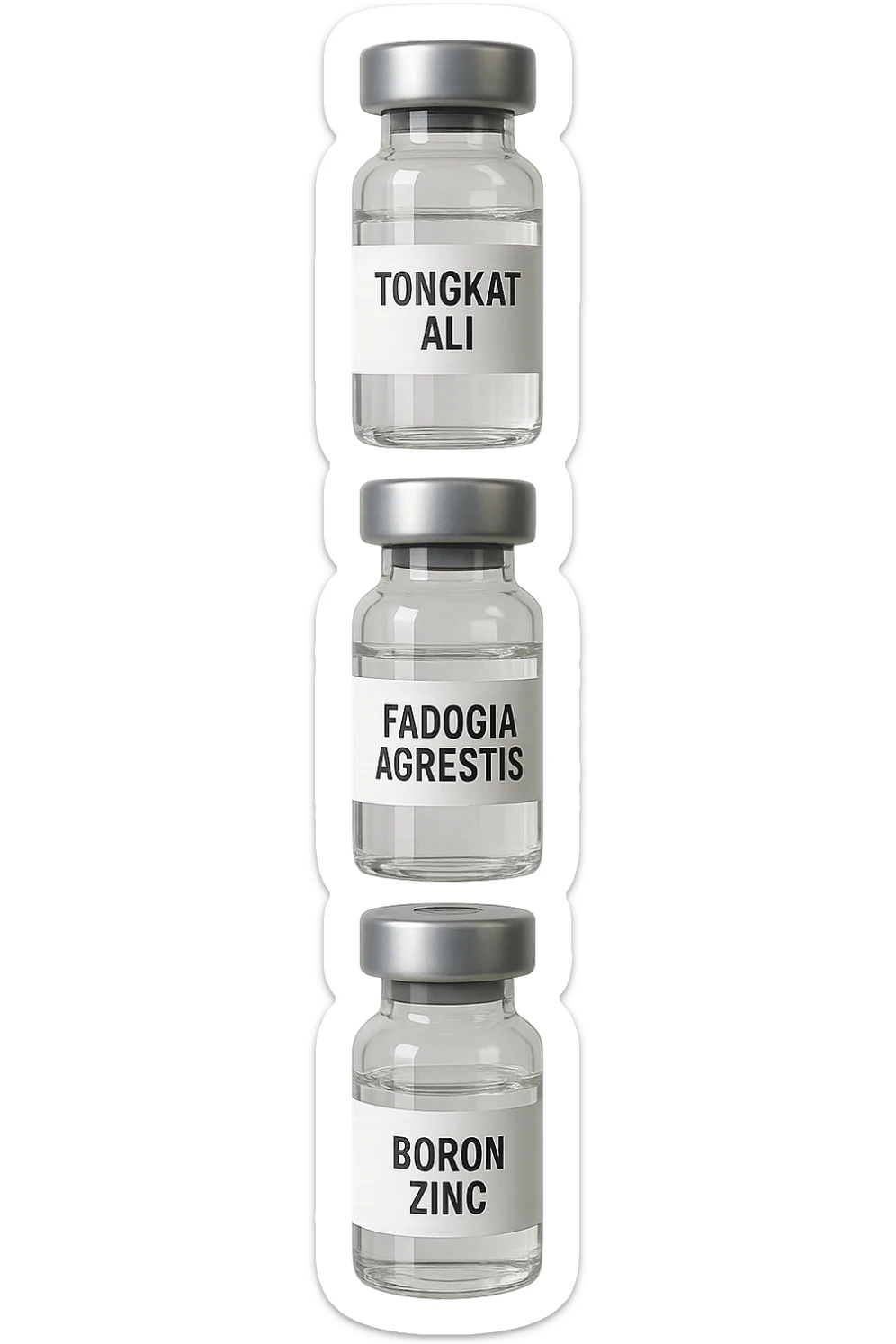 3 fiale mediche: Tongkat Ali, Fadogia Agrestis, PT-141, Boron e Zinco fluttuano in aria verticalmente sticker