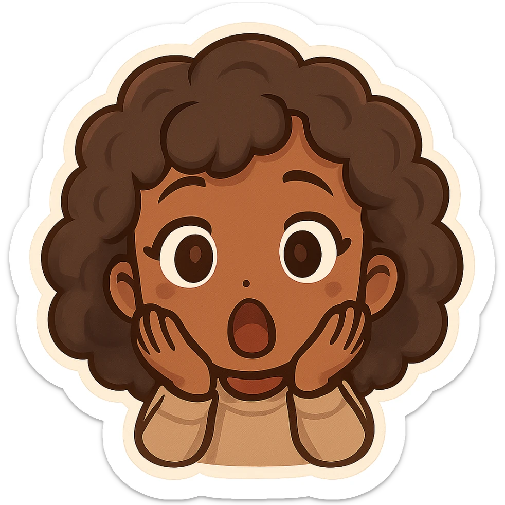 chibi emoji of a female with curly hair and brown skin, surprised expression sticker