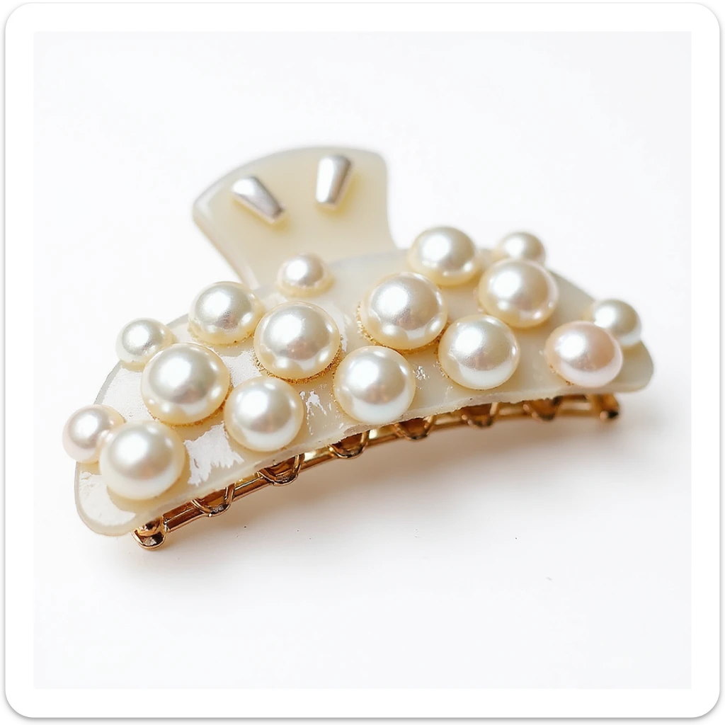 realistic hairclip with pearl inlay, photorealistic, isolated, no hair, neutral background sticker
