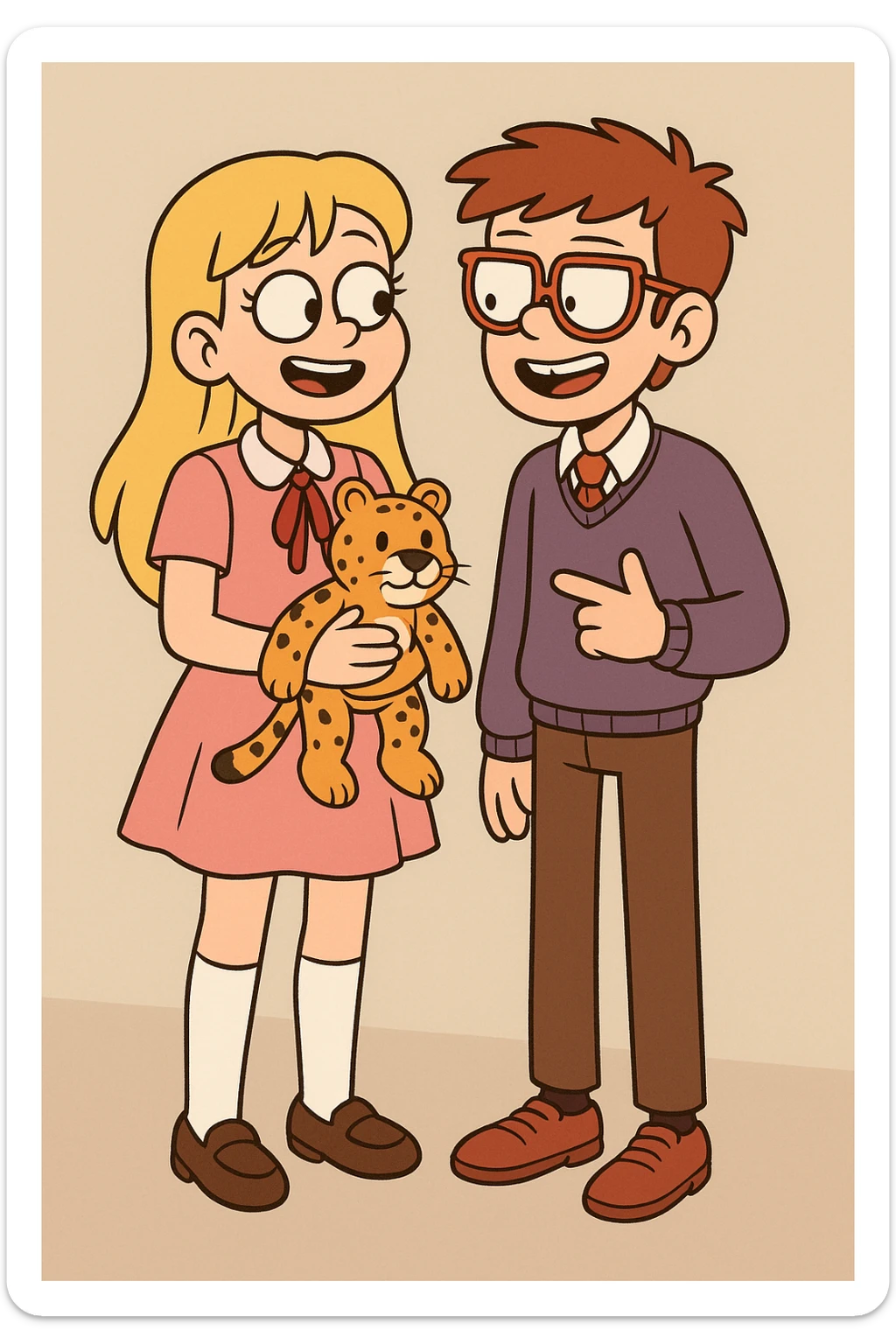 A Girl yellow hair Baby dresses pink school uniform white knee highs sock brown loafer girls shoes plushie Cheetah a boy orange glasses with shirt pjumper purple a pink red tie shoe sticker