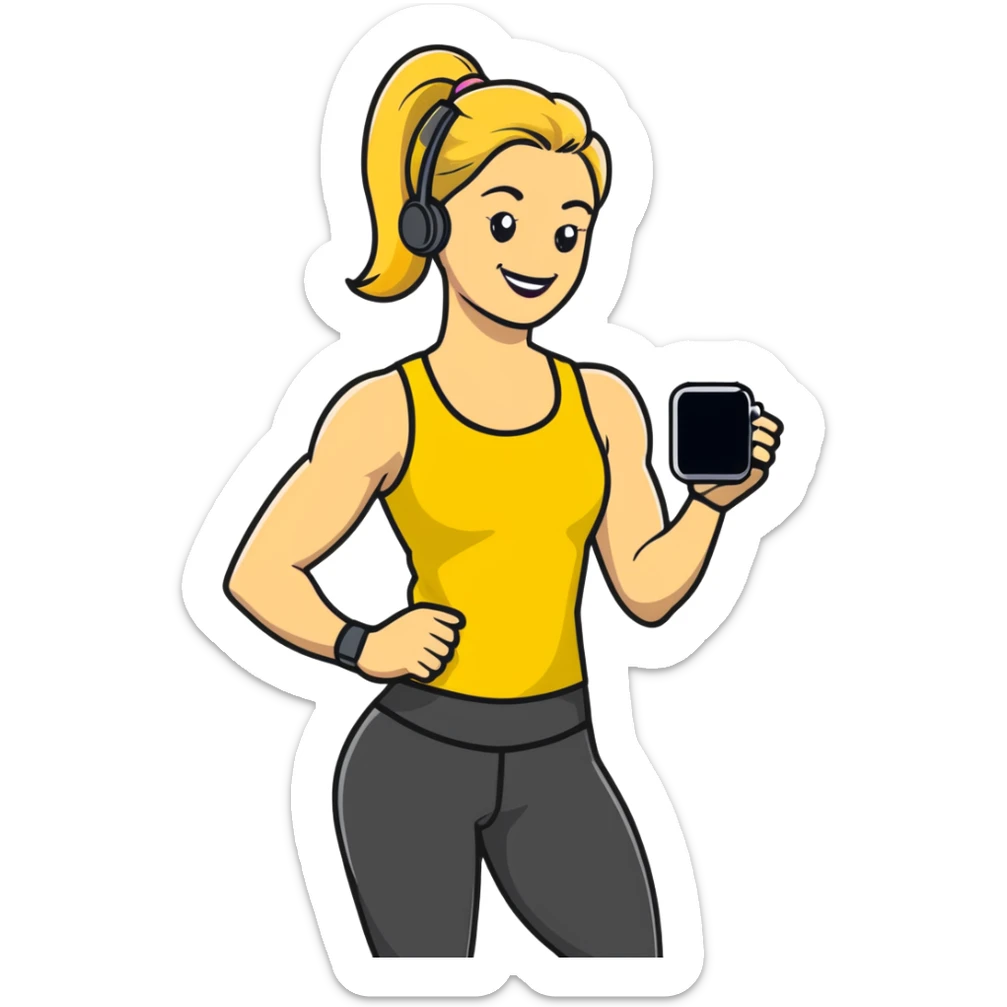 Sporty blonde woman in yellow top and black leggings, showing bicep, smiling, with wireless earbud and Apple Watch sticker
