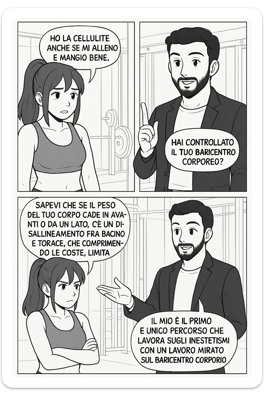 PRENDI SPUNTO DA QUESTO STILE FACENDO UN WEBTOON/MANGA:

LEI (DONNA): Ho la cellulite anche se mi alleno e mangio bene, cosa posso fare?

LUI (UOMO): Hai controllato il tuo baricentro corporeo?
LUI (UOMO): Sapevi che se il peso del tuo corpo cade in avanti o da un lato, c’è un disallineamento fra bacino e torace, che comprimendo le coste, limita la motilità del diaframma e l’ossigenazione dei tessuti?
LUI (UOMO): Il mio è il primo e unico percorso che lavora sugli inestetismi con un lavoro mirato sul baricentro corporeo. sticker