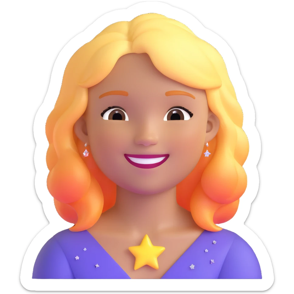 girl with glowing hair and radiant skin, confident smile, sparkles around her sticker