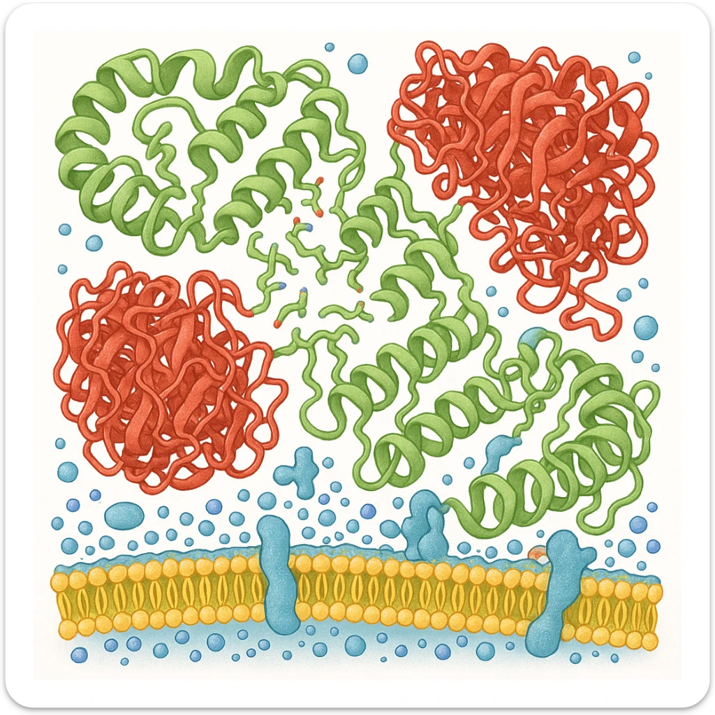 Ultra-realistic scientific illustration of enzymatic starch digestion at the cellular level, rendered in textbook-accurate detail. Show:

Multiple amylase enzyme molecules (red, with clear tertiary structure showing alpha-helices and beta-sheets) actively cleaving
Starch polymers (green amylose/amylopectin with accurate glucose unit linkages - α(1→4) and α(1→6) branches)
Cell membrane segment (yellow phospholipid bilayer with integral proteins and cholesterol molecules)
Reaction environment (blue water molecules, ionic interactions, pH-sensitive groups)
Molecular interactions (hydrogen bonds, substrate-enzyme transition state, electron cloud textures)
Technical Specifications:

Style: Nature Journal-quality structural biology visualization
Lighting: Cryo-EM-like isosurface rendering with subtle ambient occlusion
Perspective: 150,000x magnification view
Background: Pure white (#FFFFFF)
Accuracy: PDB-level structural correctness (reference 1SMD for amylase)
Exclusions: No labels, no cartoon simplifications
Special Details to Include:

Catalytic triad (Asp197, Glu233, Asp300) in amylase active site
Starch helix distortion during hydrolysis
Membrane protein channels for glucose transport sticker