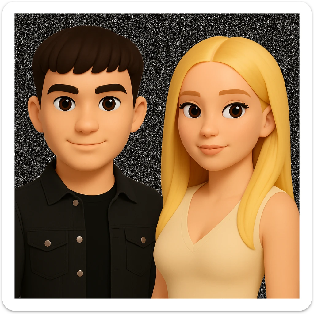 Slightly increase the volume of the upper body of the girl, separate the girl and the boy from each other, and make the skin color the same for both. Maintain the cartoonish 3D style in the edits. sticker