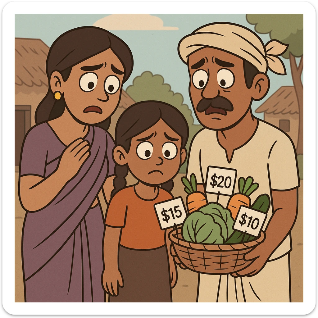 cartoon illustration of a poor tribal Indian family looking worried at a small basket of vegetables with high price tags, rural village background, conveying struggle caused by inflation in vegetable prices sticker
