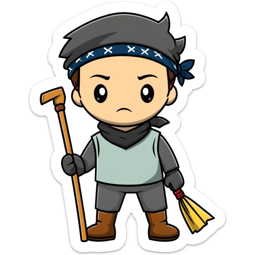 Levi Ackerman cleaning with bandana over hair, gloves, holding broom, annoyed expression sticker