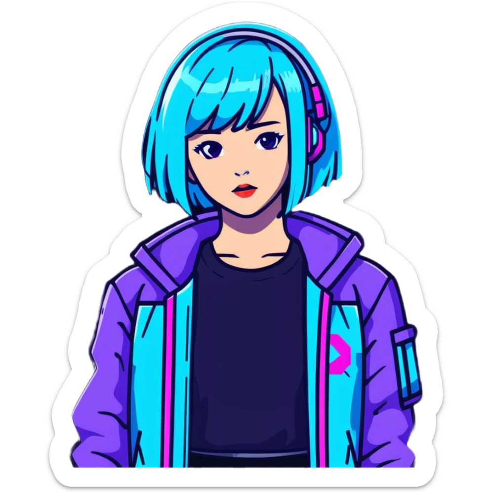 Cyberpunk Japanese girl with neon blue wig, futuristic holographic jacket, digital glitches effect, dark background with purple neon glow, iOS app icon style sticker