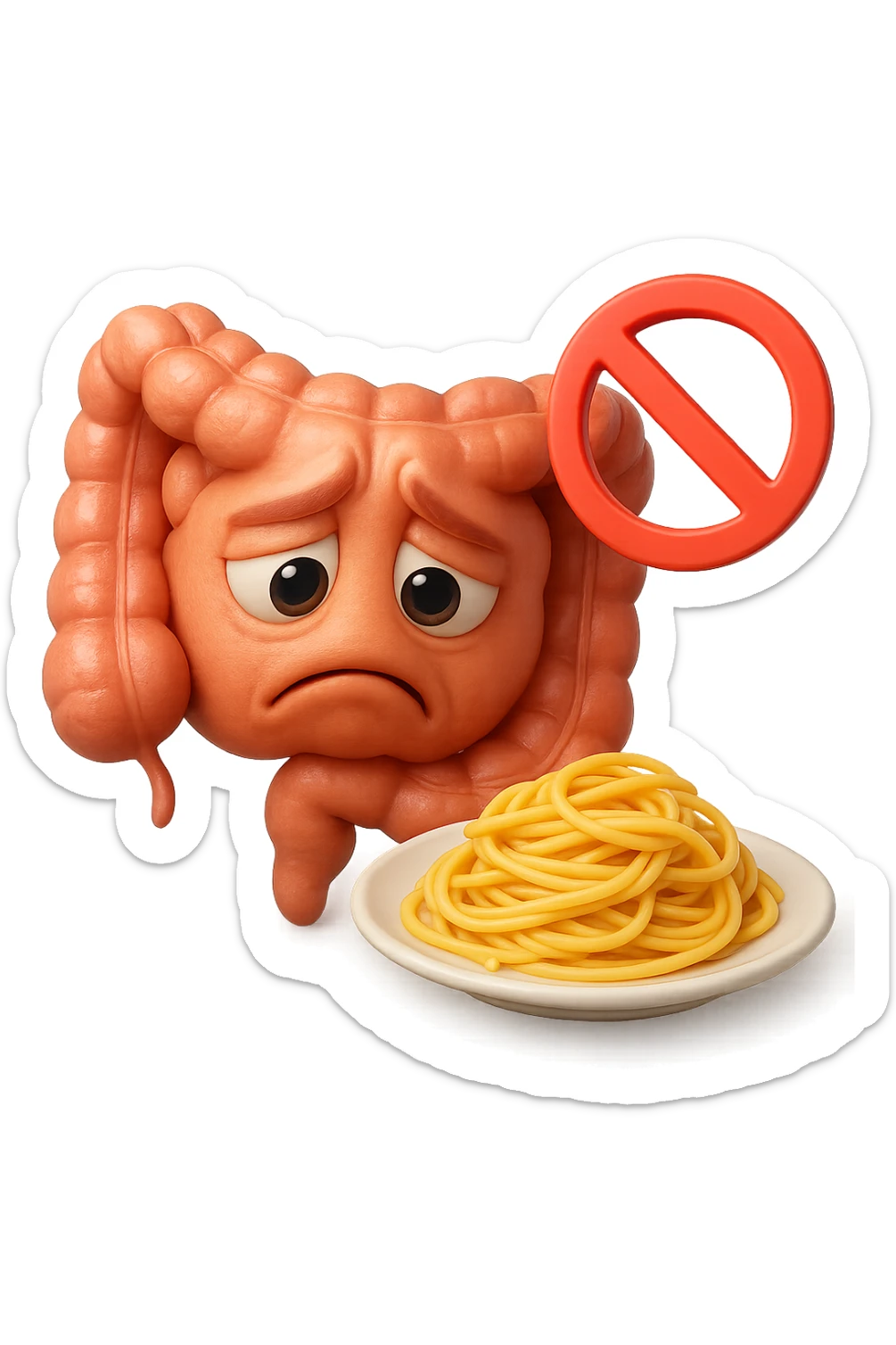 EMOJI STILE IPHONE DI un intestino umano anatomico triste mentre guarda un piatto di pasta con divieto 3d sopra: non la può mangiare, fagli anche la parte bianca degli occhi, non solo le pupille, REALISTICo 4K sticker