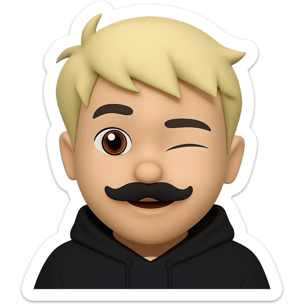 Add a black hoodie to the Asian man with a small mustache and short messy blond hair in emoji style. Preserve the transparent background. The man is winking. sticker