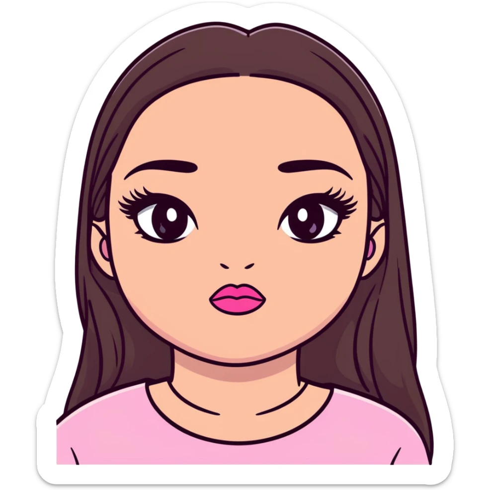 girl with lighter skin, dark brown long straight hair, pouty shiny lips with pink lip gloss, large eyes with eyelashes, pink blush on cheeks, inner eye highlighted with white eyeliner, lighter button nose, long oval-shaped face sticker