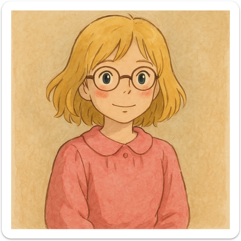 blonde girl, shoulder-length hair, wearing glasses, rosy cheeks, pink clothes, ghibli style, delicate and expressive sticker