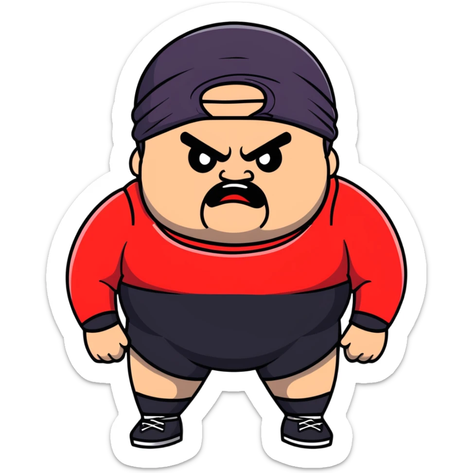 Extreme close-up of face of morbidly obese white skin guy with young face, prominent BLACK DURAG tied clearly on head, black beard but no mustache, clean shaven upper lip, black eyes in a red and black wrestling singlet with angry expression sticker