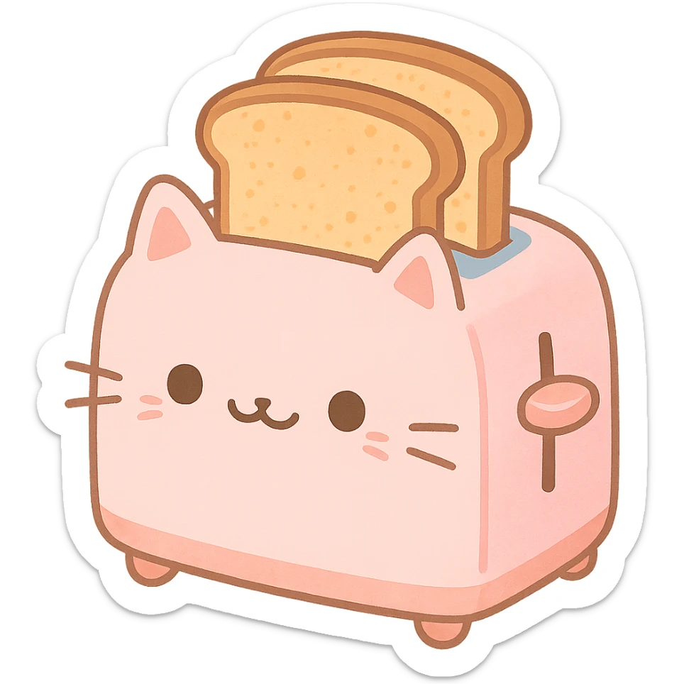 cute pastel toaster shaped like a cat, with two toast slices popping out, smiling, full-body sticker