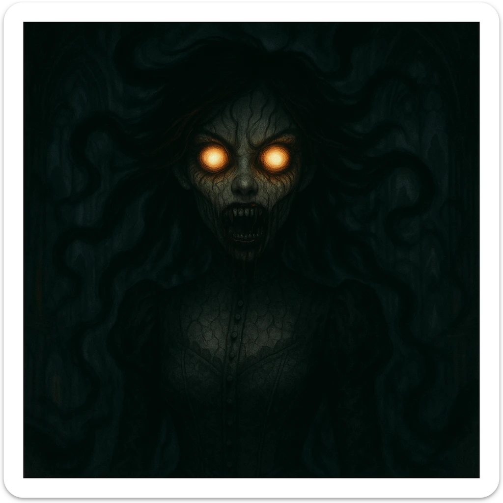 Make the beautiful scary girl even scarier with extreme supernatural horror features, more disturbing and haunting, while keeping her gothic beauty. Enhance the supernatural and horror elements to create a deeply unsettling and haunting atmosphere. sticker