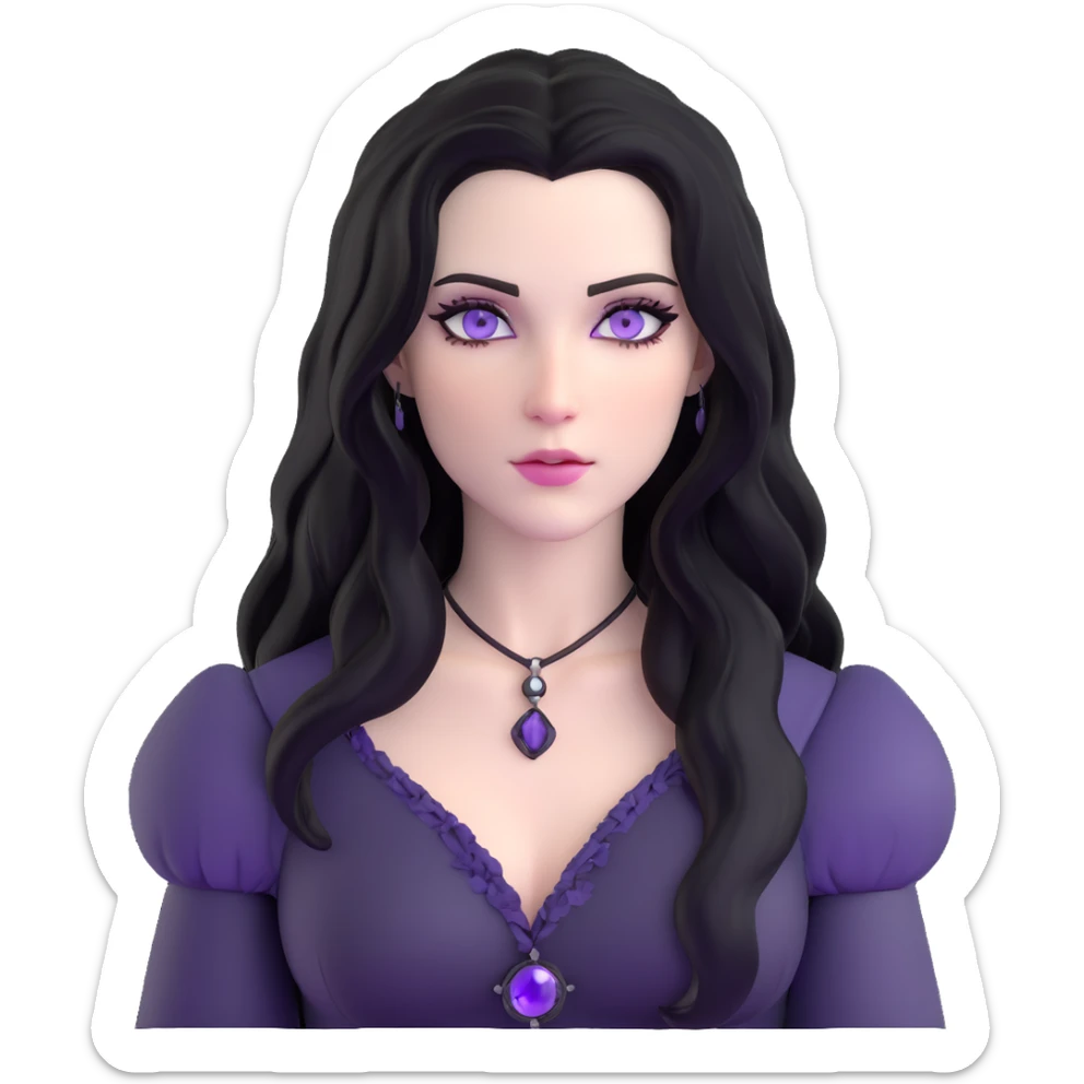 Yennefer from Witcher with long black hair, violet eyes, pale skin, wearing black clothes sticker