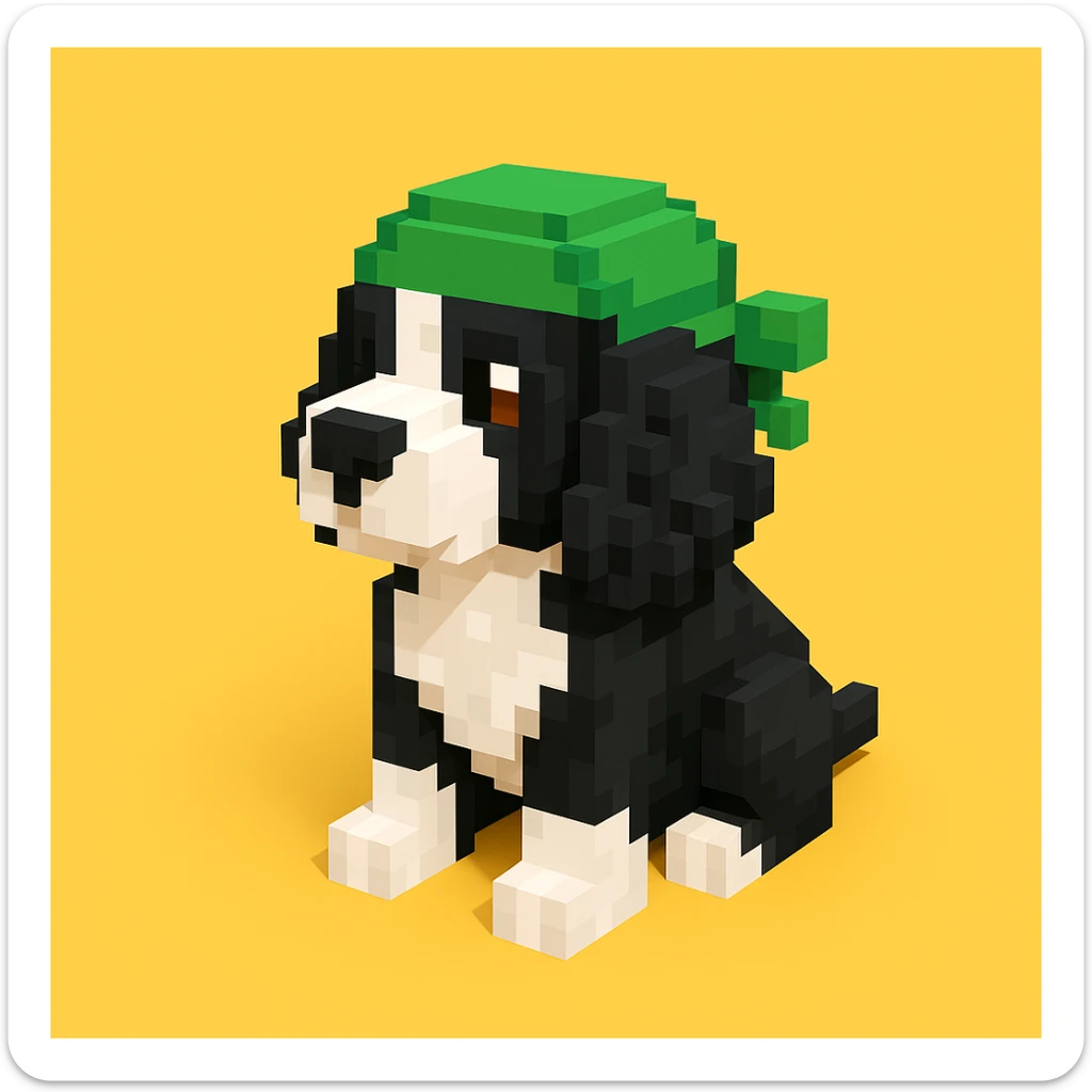 A black and white Russian Cocker Spaniel puppy wearing a green durag, voxel style, sitting, facing left sticker