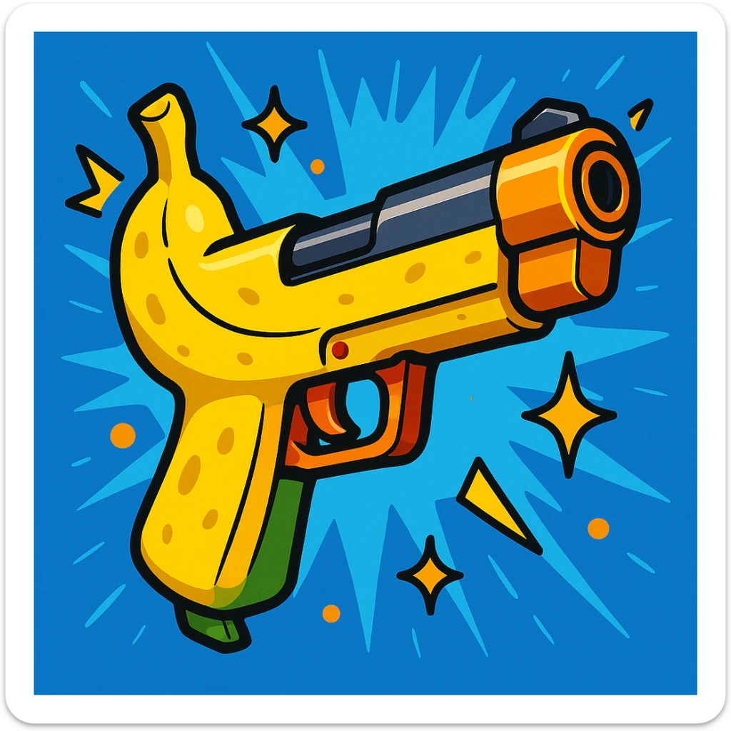 banana pistol in Fortnite style, playful and humorous, chunky design, outlined details, vivid colors, game-inspired effects sticker