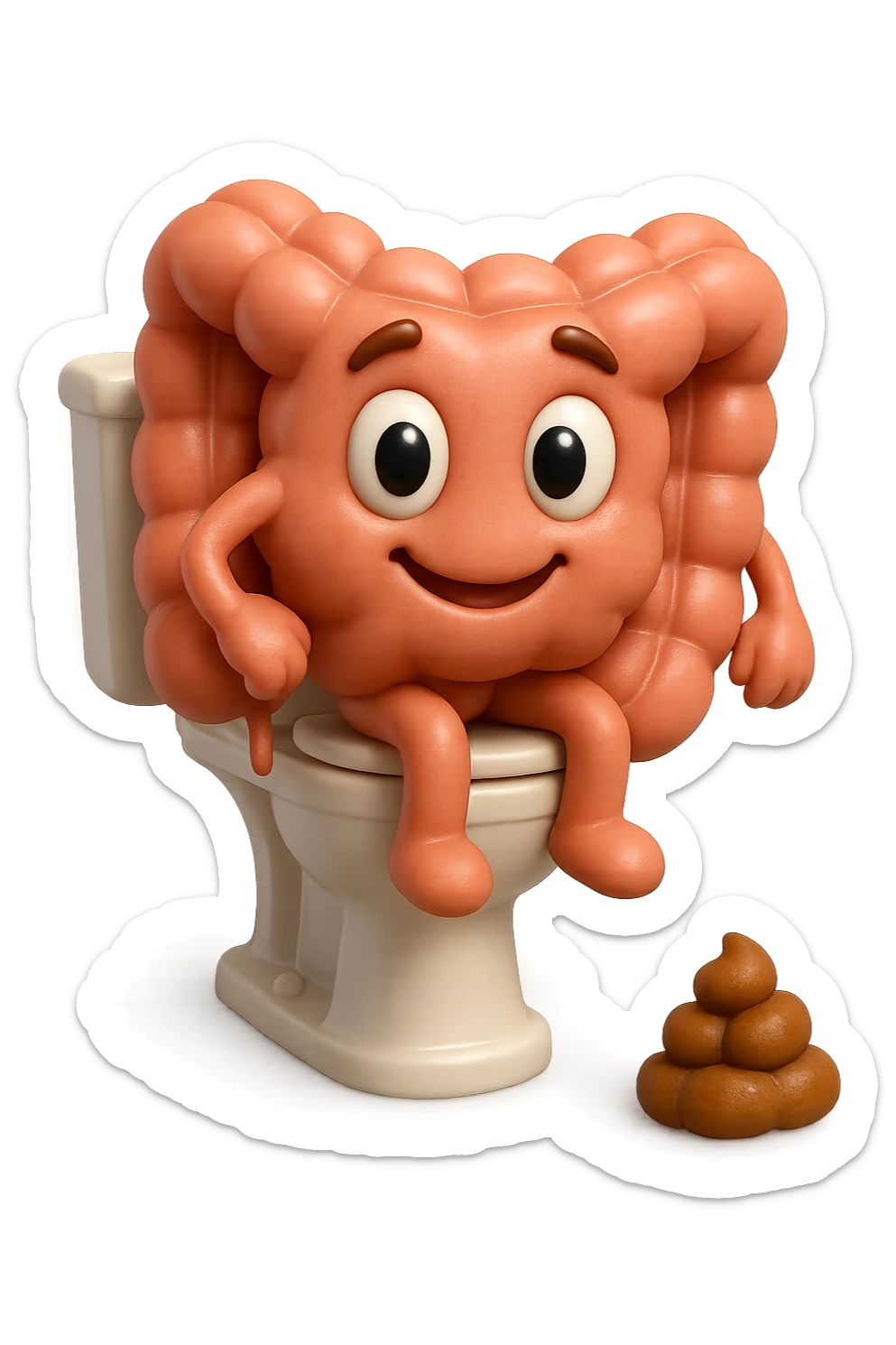 EMOJI STILE IPHONE 3D DI UN INTESTINO CHE sta seduto sul wc e davanti ha una montagnetta di feci a palline stile emoji iphone E FALLO MOLTO REALISTICO IN 3D sticker