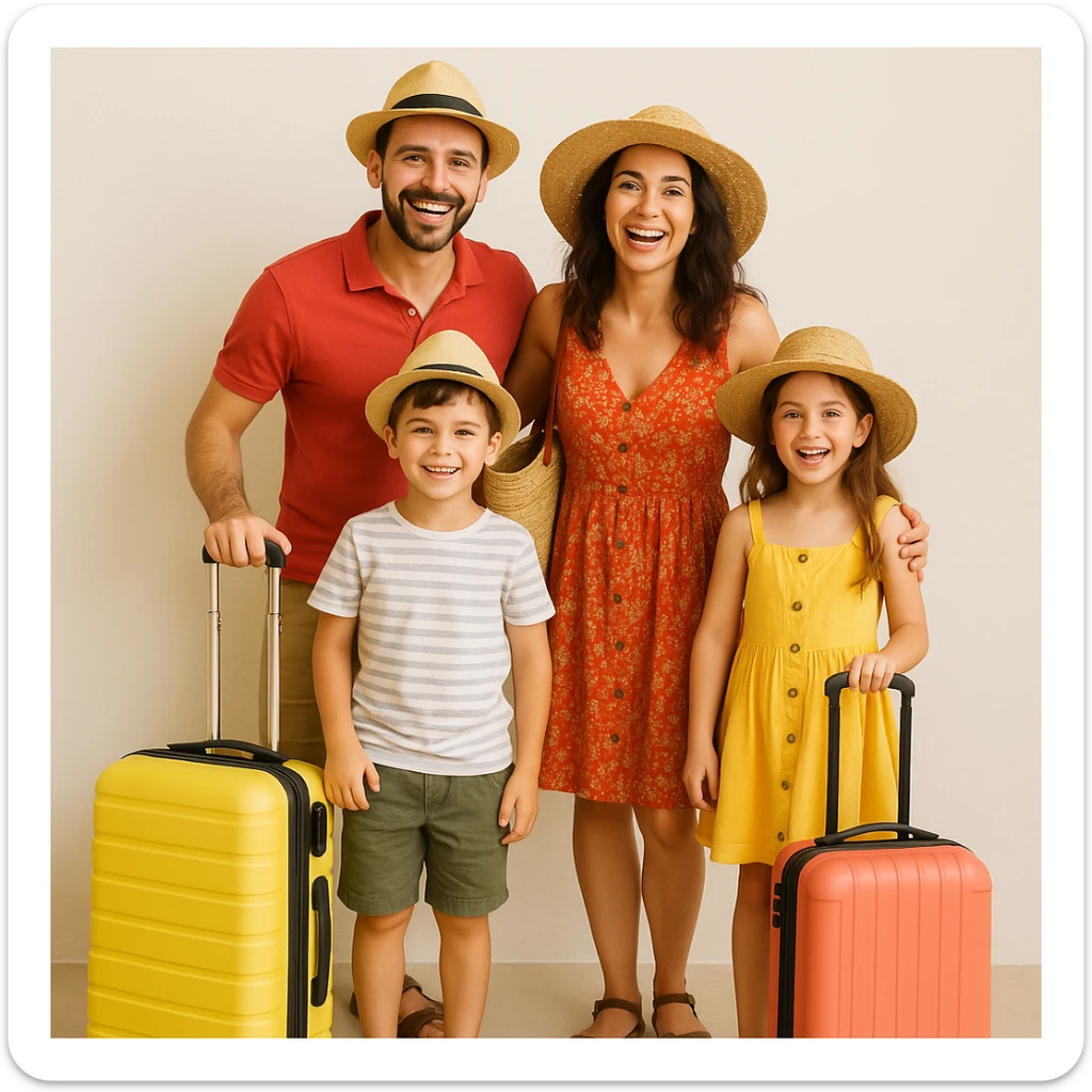a family of Italian tourists, parents and two kids, wearing summer outfits, carrying suitcases, excited for vacation sticker