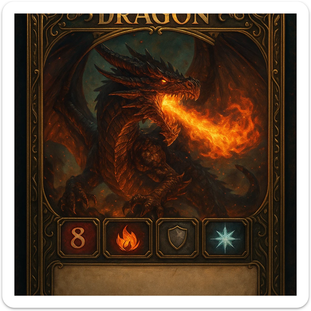 fantasy RPG card of a fire-breathing dragon, visible stats for health, fire, armor, special power, description box, intricate ornate card design, glowing effects, dynamic composition, rich fantasy details sticker