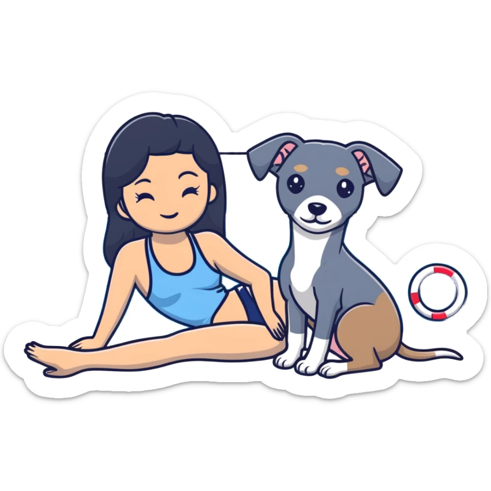 Slim Chinese woman with long black hair in appropriate pool attire relaxing by a swimming pool with her Italian greyhound that is COMPLETELY solid grey, with absolutely NO white markings anywhere, single uniform grey color throughout entire dog body sticker