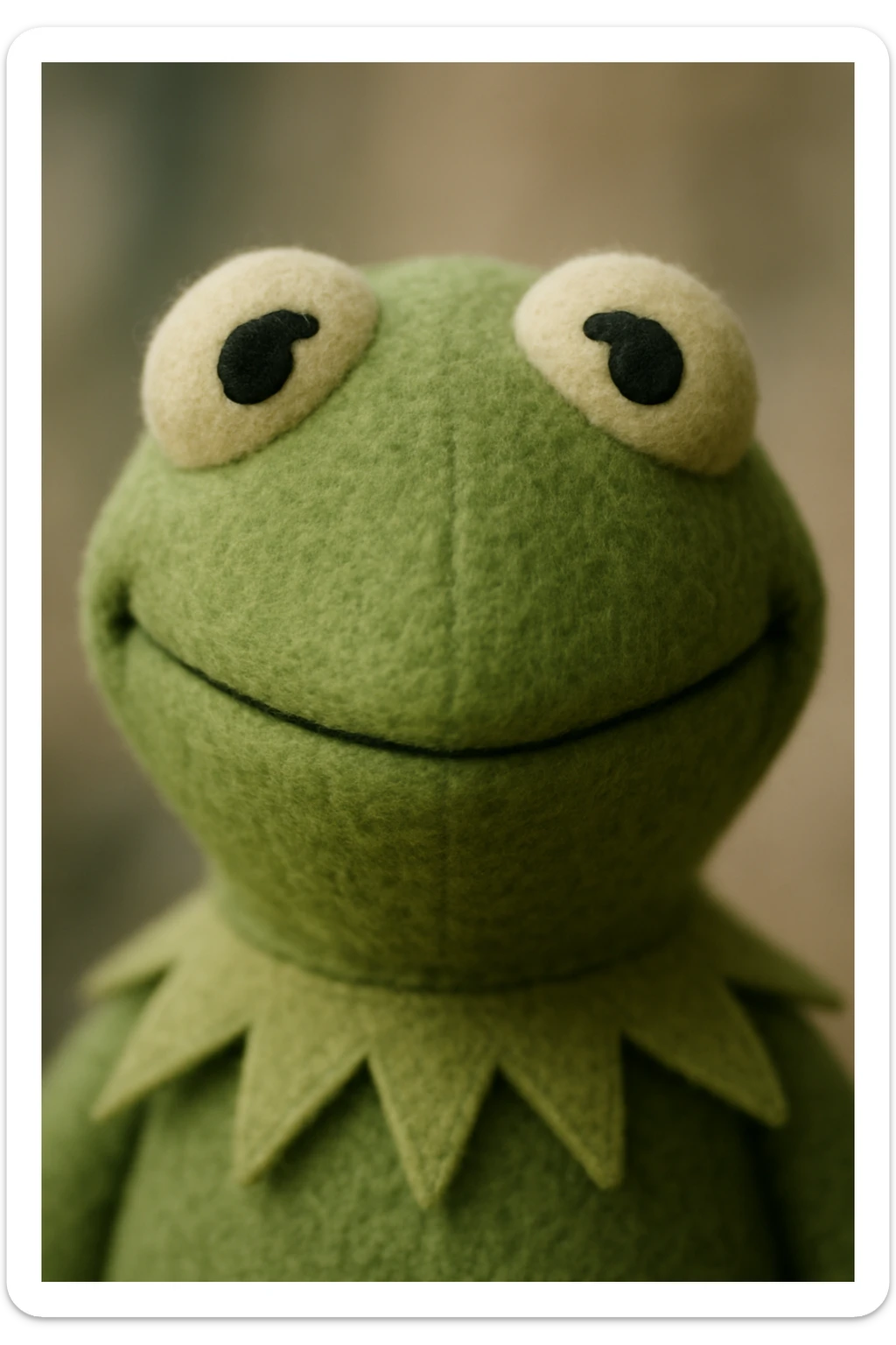 Kermit the Frog plushie head, cheerful emoji-like expression, fuzzy and adorable sticker