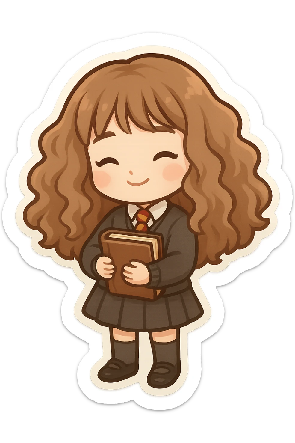 cute chibi character inspired by Hermione Granger with voluminous brown hair, wearing Hogwarts uniform including sweater, tie, skirt, socks, and shoes, holding a book, transparent background sticker