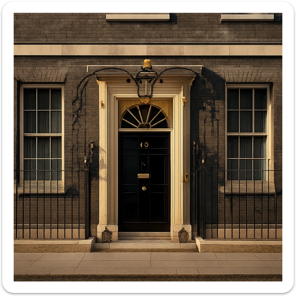 cinematic, realistic emoji of 10 Downing Street in London, featuring its iconic black door and Georgian brick facade, lifelike detail, accurate colors, bright lighting, fully transparent background with no sky, slightly zoomed out for a wider angle view sticker
