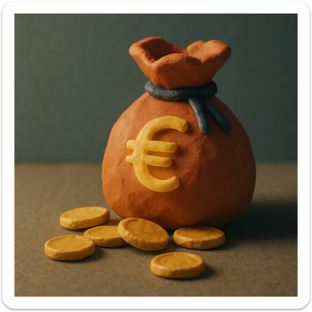claymation style money bag with euro symbol, slight glow, coins spilling out, simple background sticker