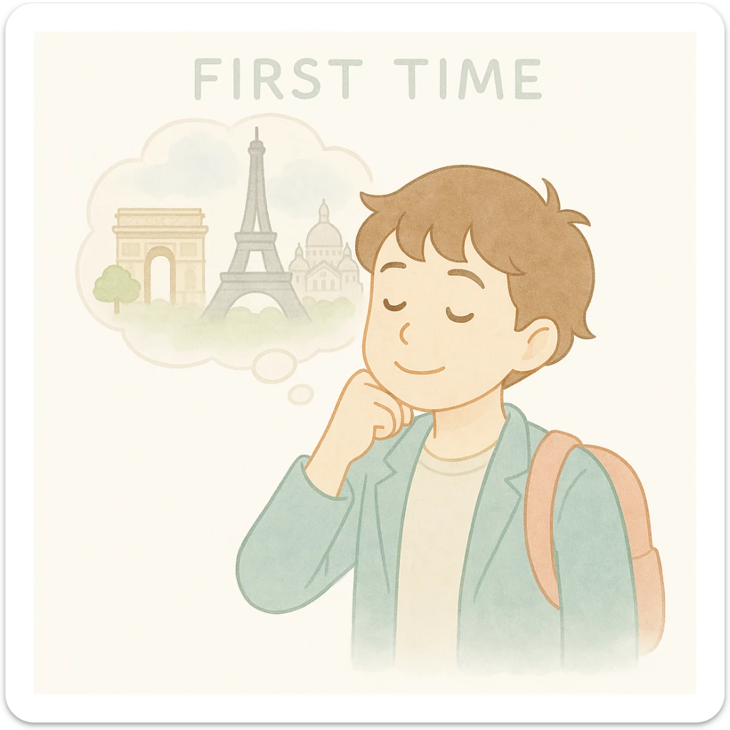 Edit the image of the guy to show him daydreaming about his next trip to Paris. Add a dreamy thought bubble above his head containing iconic Paris landmarks like the Eiffel Tower. Maintain the same soft watercolor illustration style with pastel colors, delicate linework, a gentle, whimsical mood, anime-inspired features, and minimal, soft shading. sticker