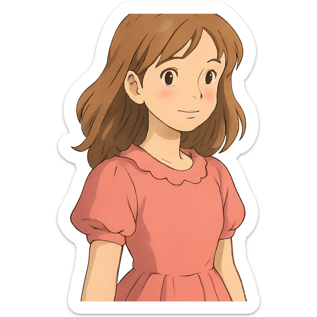 pretty girl, bronde hair, pink dress, soft lighting, ghibli-inspired style sticker