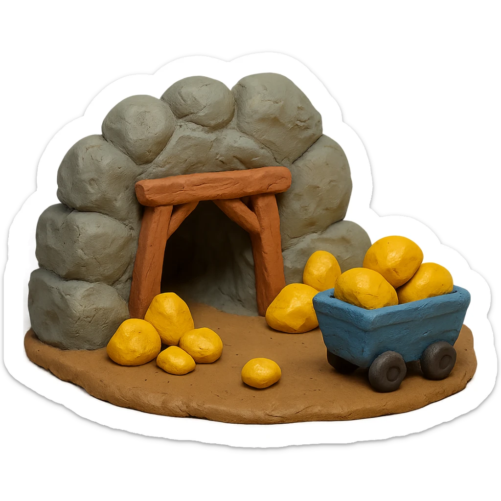 claymation style gold mine with textured rocks and gold sticker