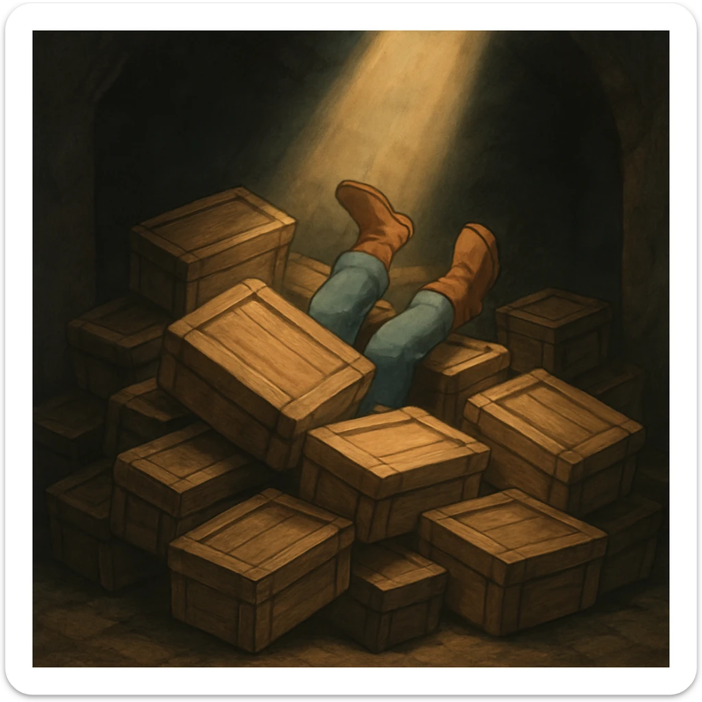 A pile of small oblong crates hidden in a dark area with a beam of light shining from above, with someone’s boots sticking out like they dove in sticker