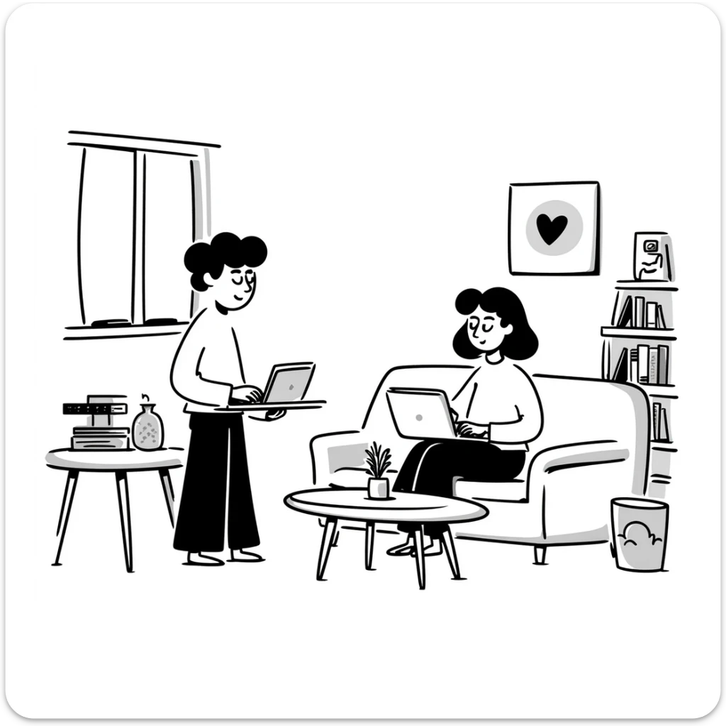 escenary 3d of a cozy mid-century living room with two people working on laptops, one man standing at a desk and one woman sitting on a couch, two walls and floor visible sticker