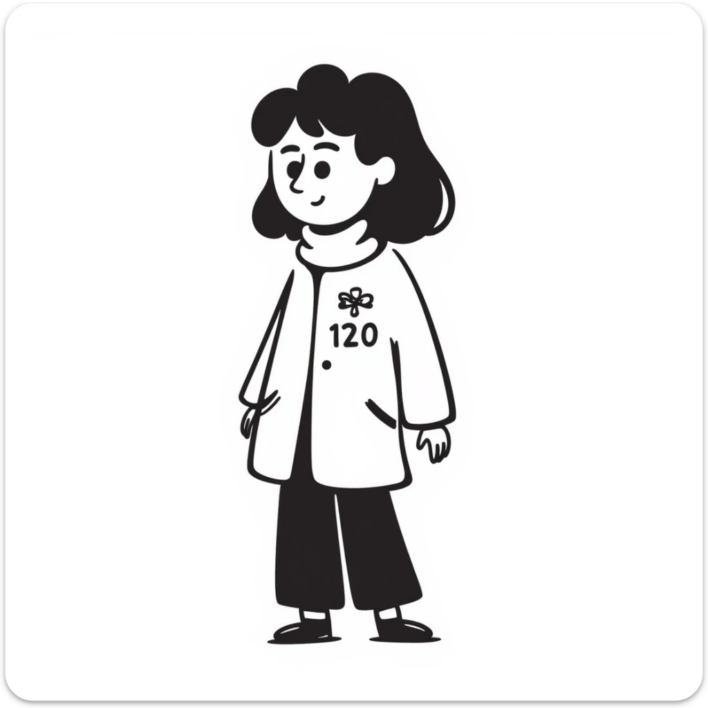 A girl with sideways hair, wearing a Squid Game-style coat with the number 120 on the right side of the coat, hand drawn doodle style sticker