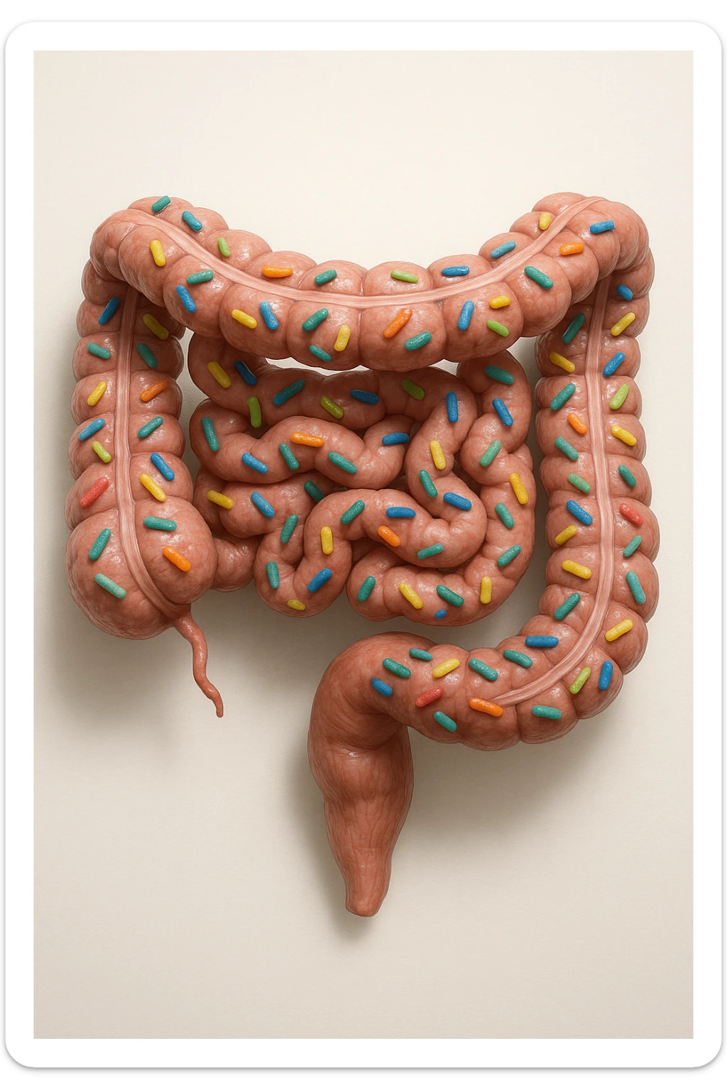 intestino umano anatomico in salute con batteri intestinali, sfondo chiaro neutro, IPERREALISTICA 4K sticker