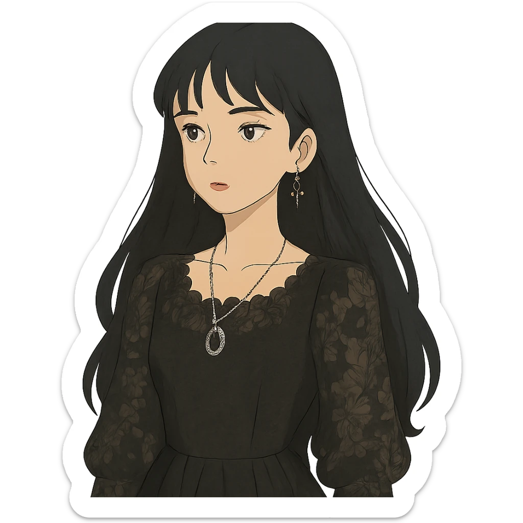 goth girl, pale skin, long black hair, lace dress, silver jewelry, dreamy ghibli-inspired style sticker