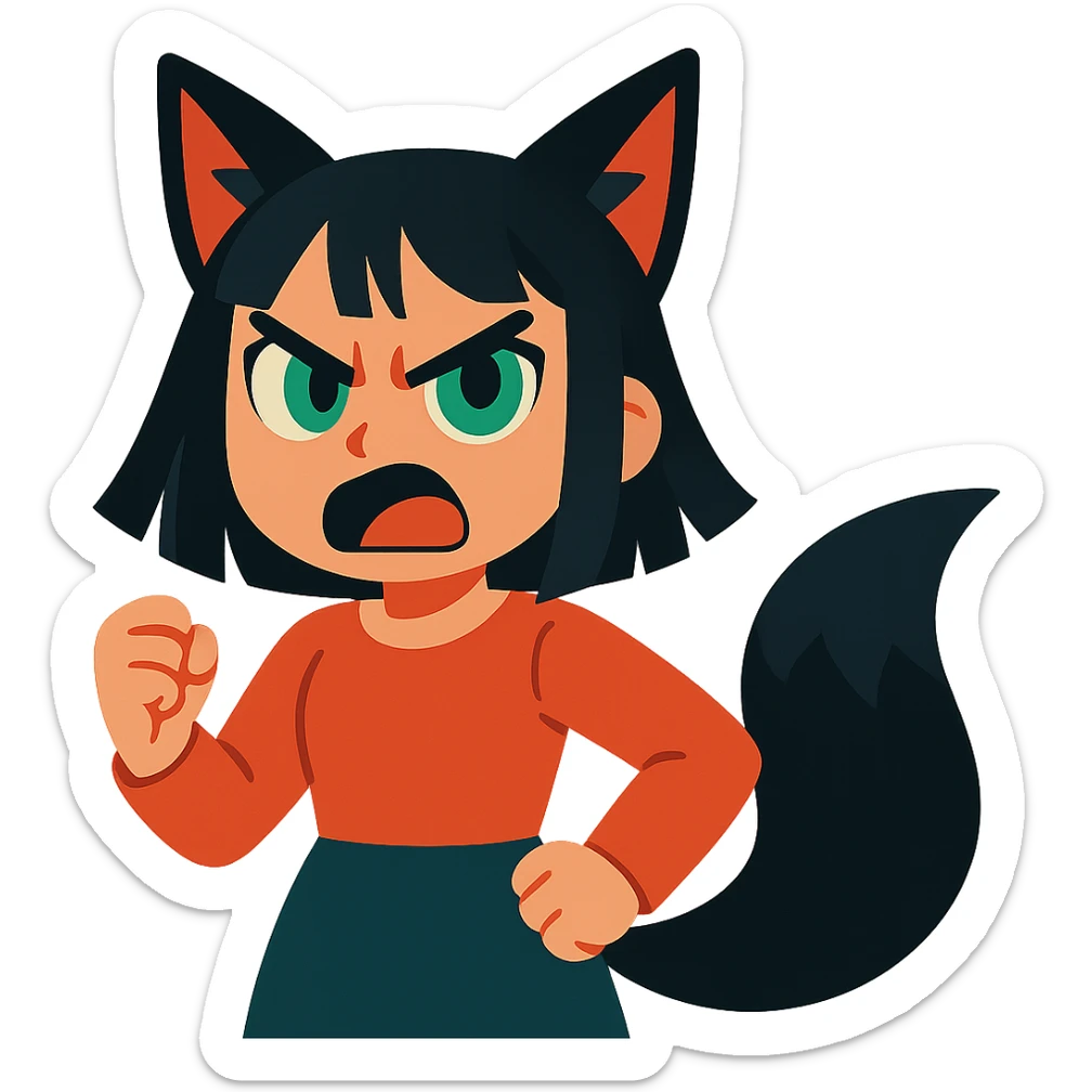 A girl with black fox ears and a tail, green eyes, dark hair, looking angry sticker