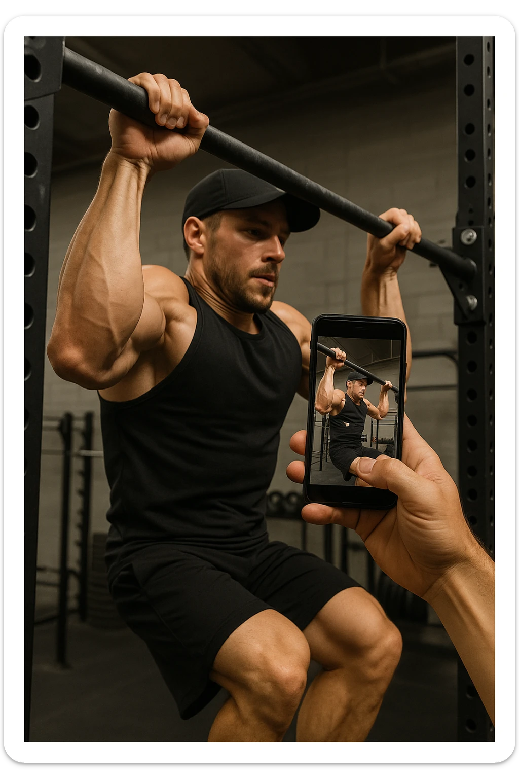 uomo che fa Muscle up e si sta filmando davanti con il telefonino per vedere la sua posizione dei gomiti e delle mani sulla sbarra sticker