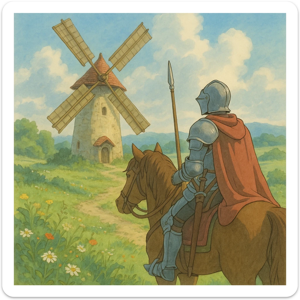 knight on horseback in front of windmill, ghibli style, soft colors, detailed, atmospheric sticker