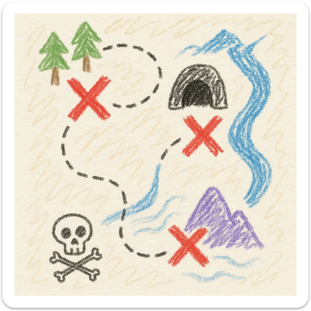 A fantasy treasure island map in Disney style, with a soft pirate theme, not scary, colorful and warm. The map shows 4 locations: a forest with trees, a dark cave, a tall mountain, and a river. Each location has an "X" mark. There are dotted paths leading to each "X". The map has an old parchment texture. No text labels, only clear visual icons. Beautiful detailed illustration, high quality. sticker