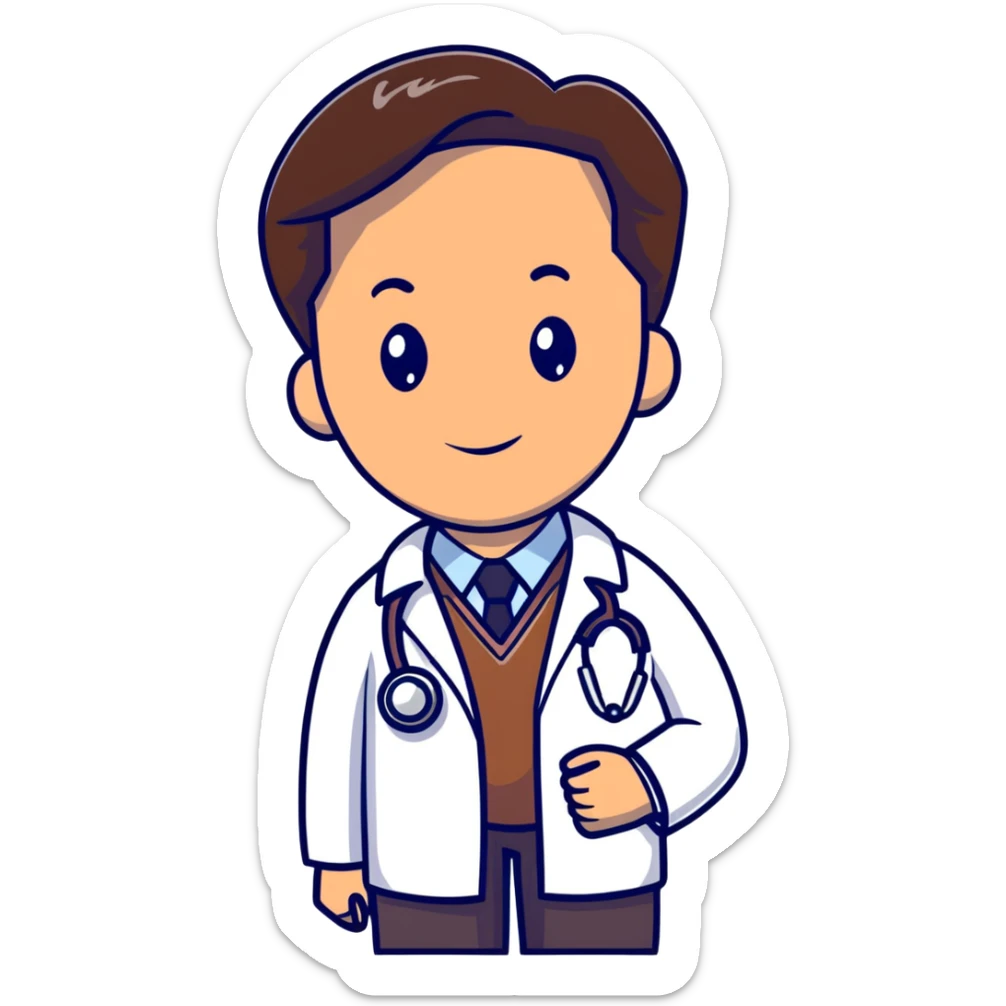 professional mature male doctor around 60 with stethoscope and white coat, dark brown hair, cinnamon skin tone, medium-dark complexion sticker