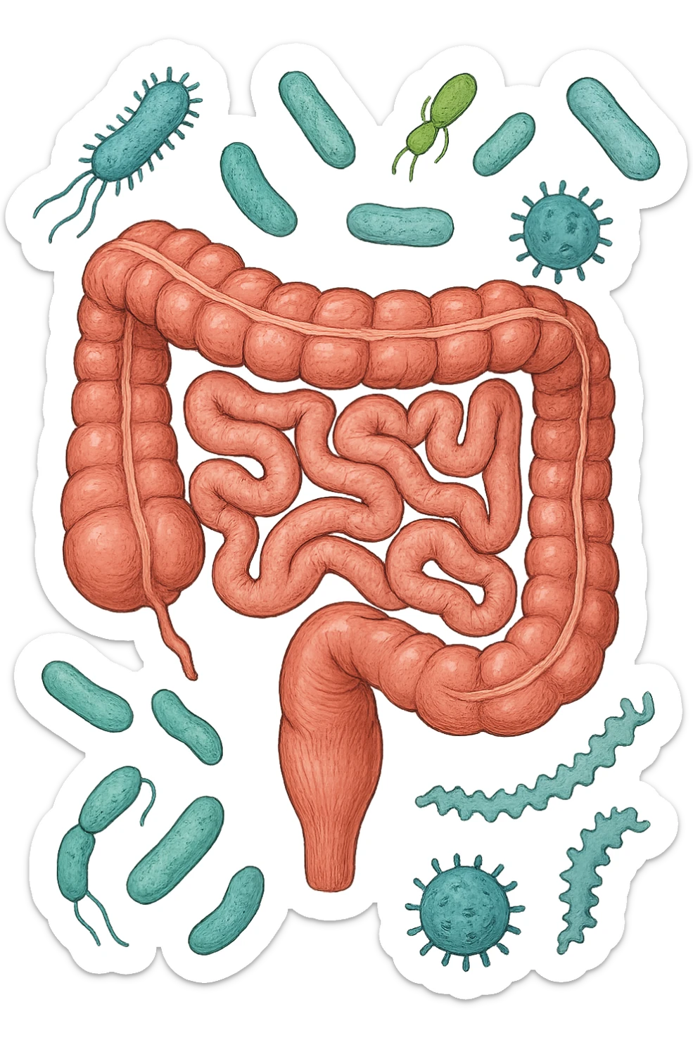 intestino umano anatomico con batteri intestinali che gli fluttuano intorno sticker