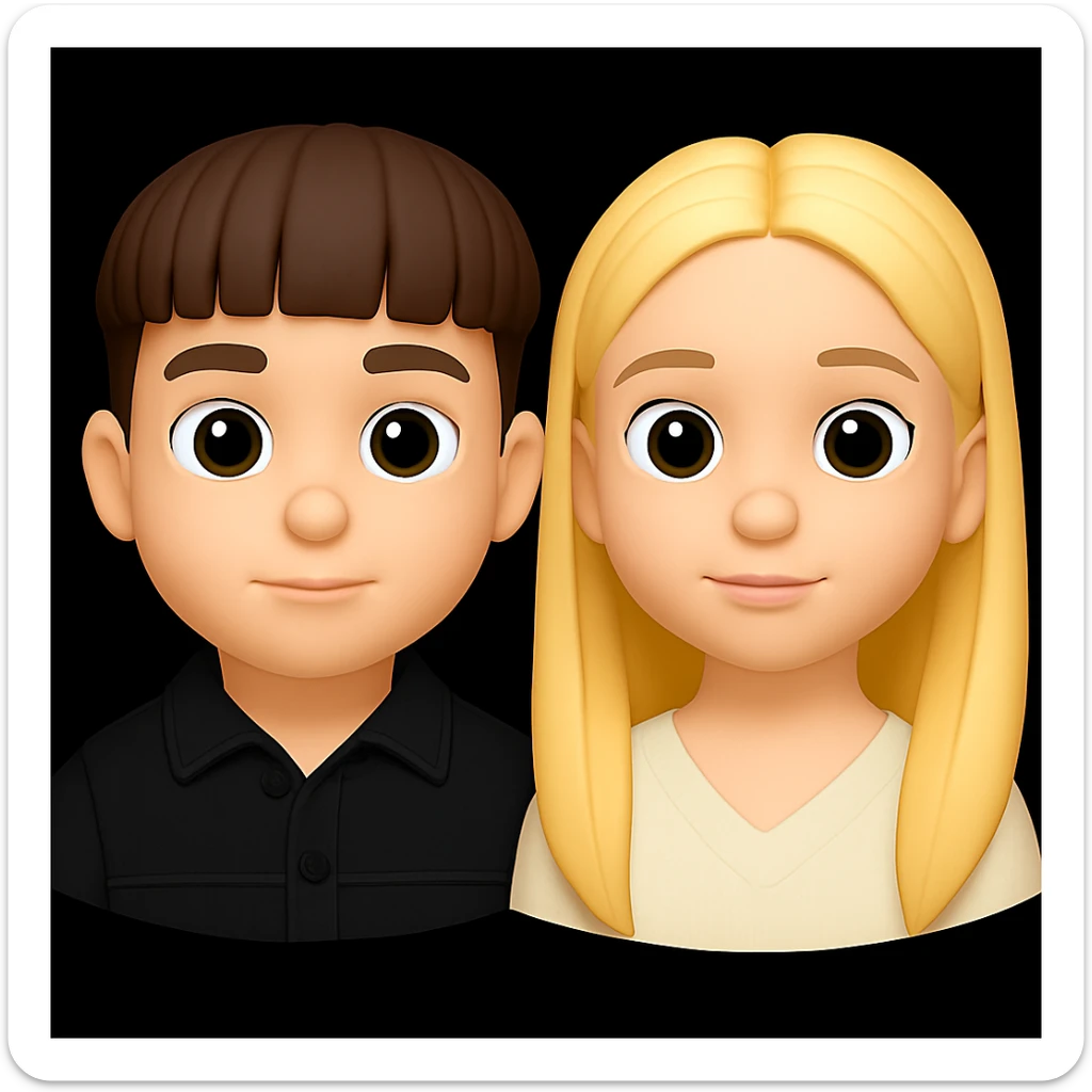 Create 3D emojis of a boy and a girl with large eyes in a cartoonish 3D style, neutral facial expressions, matching the style of the provided examples. sticker