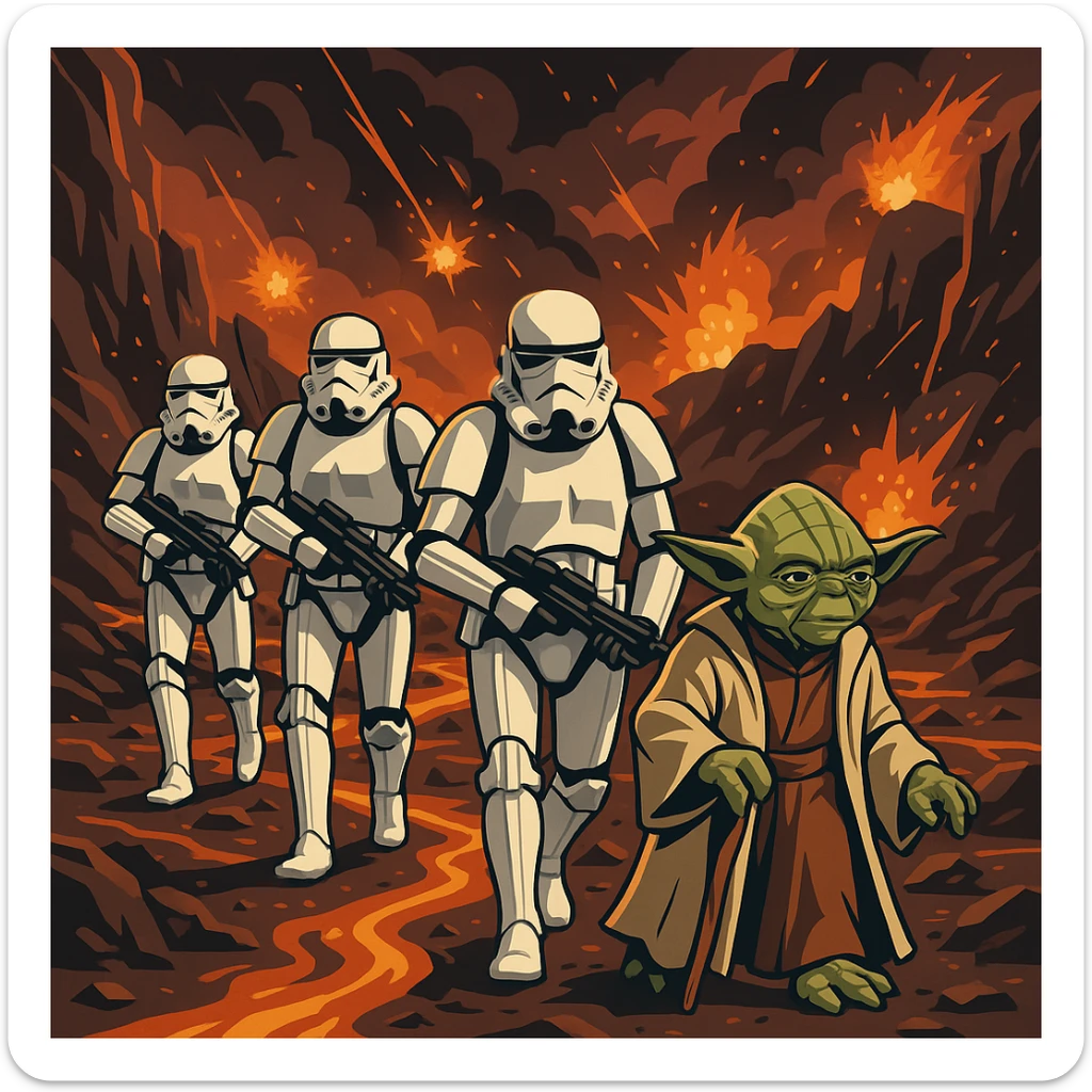 vector art of a Starwars stormtroopers is walking on lava planet with yoda, battleground background 
 sticker