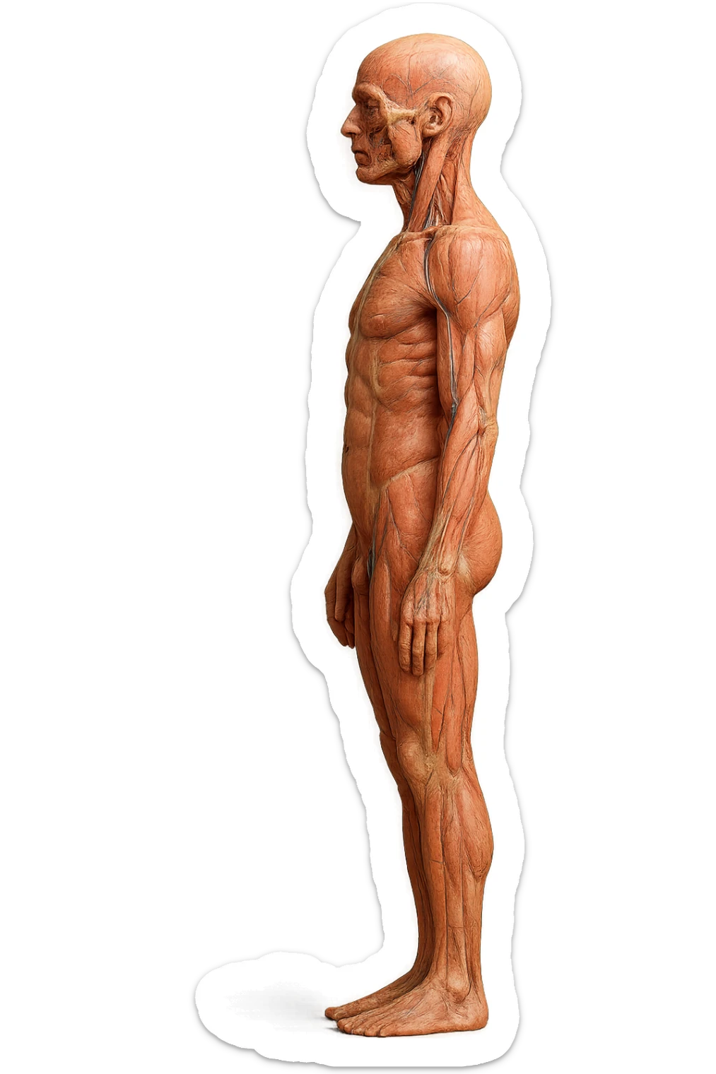CORPO UMANO ANATOMICO REALISTICO DI PROFILO CON CURVA LOMBARE PIATTA, iperrealistico 4k sticker