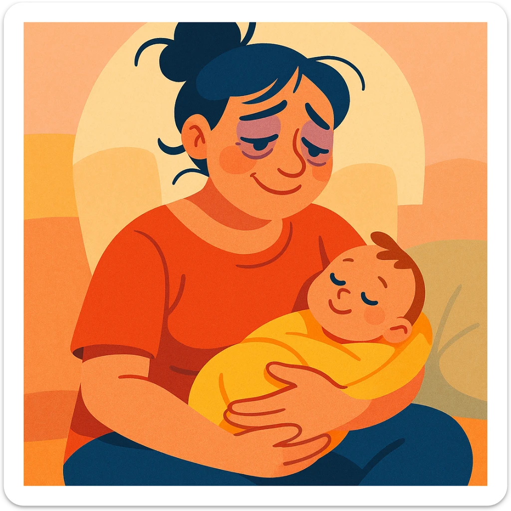postpartum woman, tired but happy, hair tied up, comfortable clothes, soft ambiance, expressive illustration style sticker